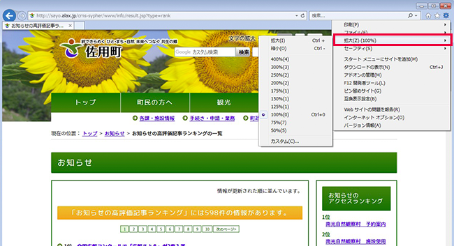 InternetExplorerで文字の拡大・縮小をする際の画面表示